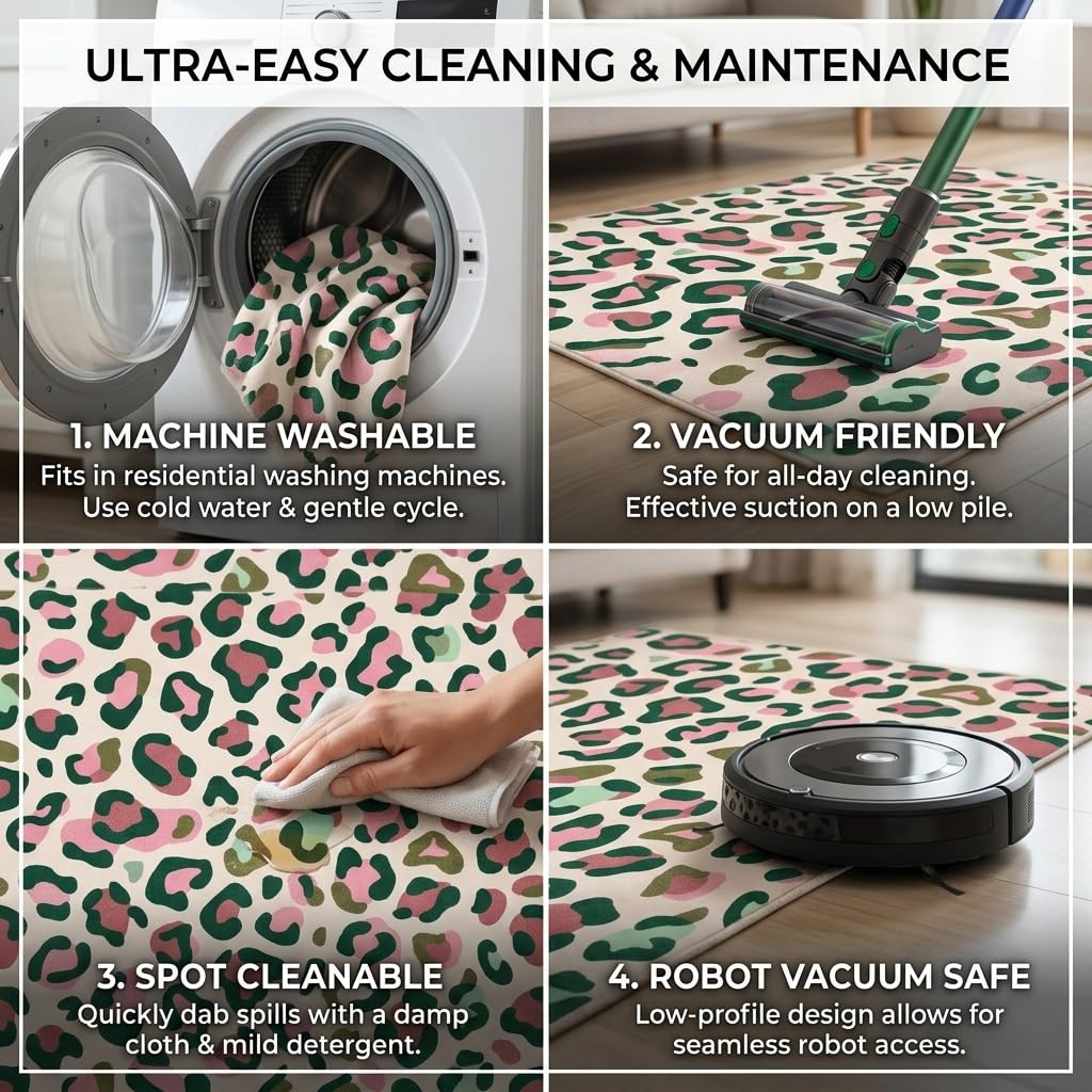 ERYATOU 5x7 Area Rug, Pink and Green Leopard Print Rug, Washable Non-Slip Low Pile Faux Cashmere Carpet for Teen Girls Bedroom, Dorm Room, Living Room Decor
