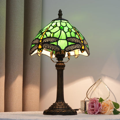 wecrejoni Tiffany Lamp Green Dragonfly Stained Glass Table Lamp 8X8X14 Inches Green Dragonfly Style Desk Reading Light Decor Beside Bedroom Living Room Home (H1057-Green Dragonfly)