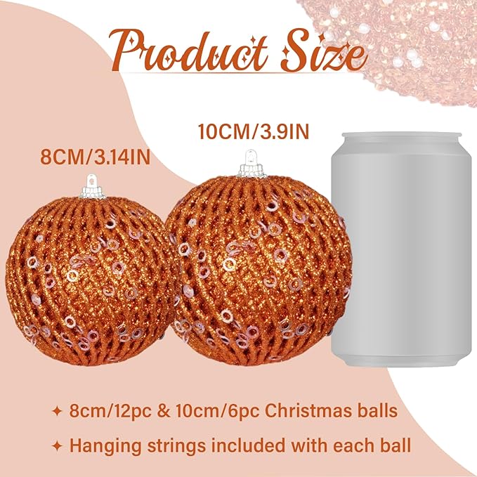3.15" Christmas Ball Ornaments Glitter Shatterproof Christmas Tree Ornaments Sequin Xmas Hanging Balls Decorations for Wedding Party Holiday(Orange)