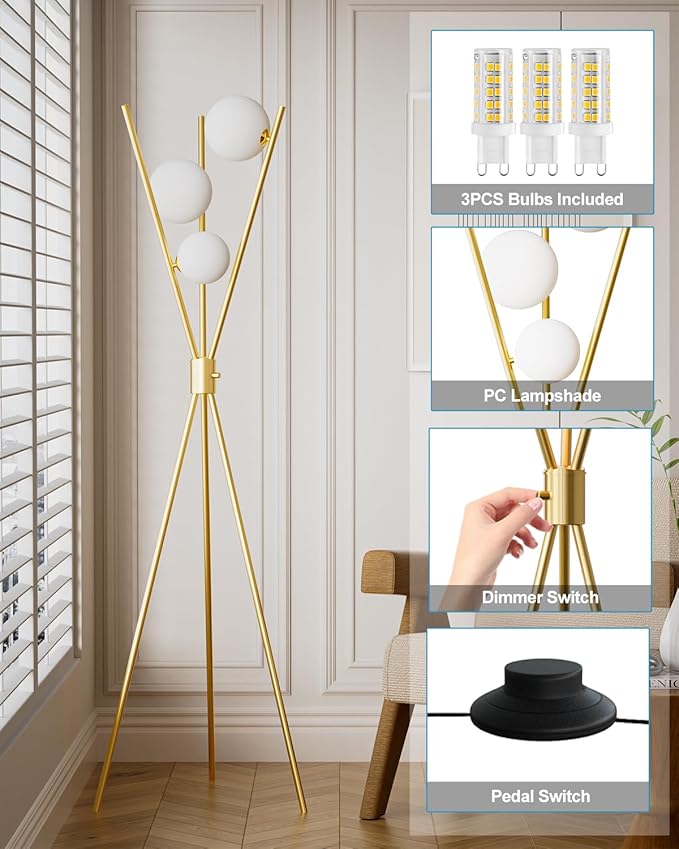 Lightdot Tripod Floor Lamp Stepless Dimmable Globe Modern Floor Lamp Gold Standing Lamps with 3PCS 3000K G9 Bulbs Stable Base Mid Century Modern Floor Lamps for Living Room