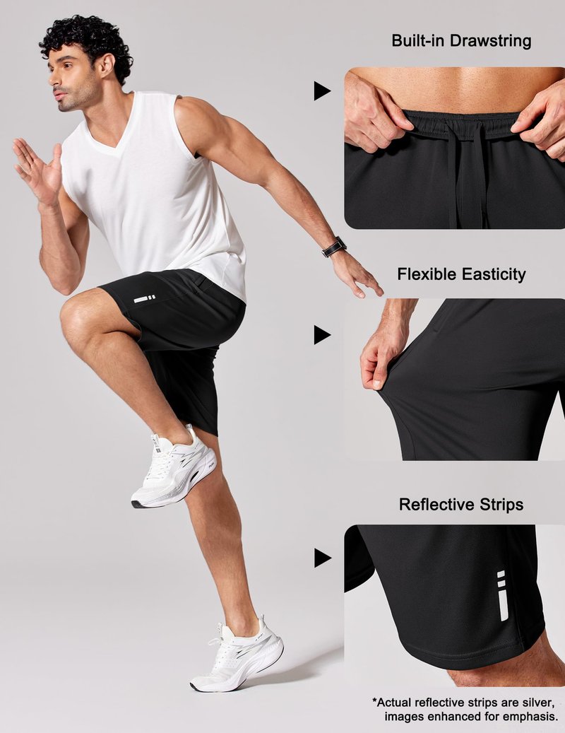 COOFANDY Mens Athletic Running Shorts 9" Lightweight Quick Dry Drawstring Mesh Gym Shorts with Zipper Pockets (Black, Large)