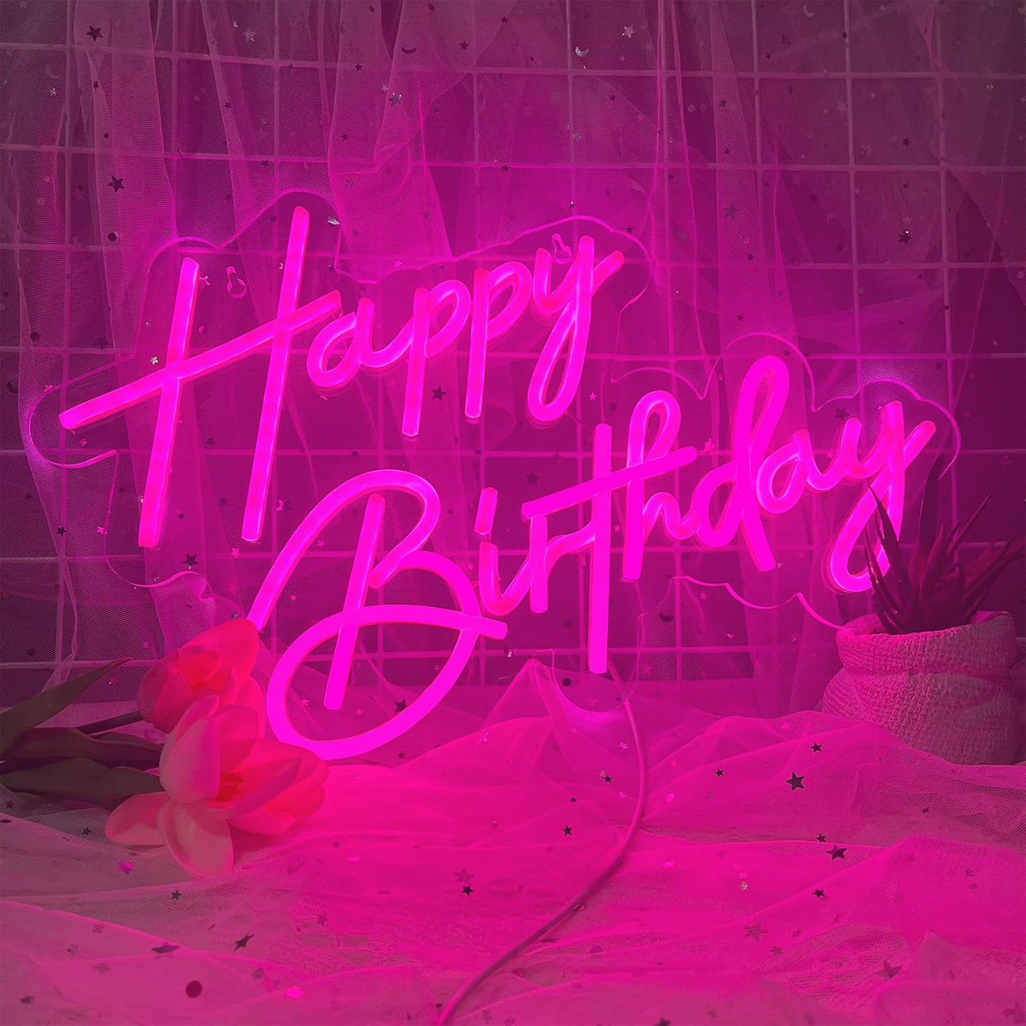 Happy Birthday Neon Sign for Wall Decor, Warm White LED Neon Light Signs, Art Decoration Happy Birthday Neon Light Sign for All Birthday Party Decoration with 2 Pcs Pasters (17×12 Inch)