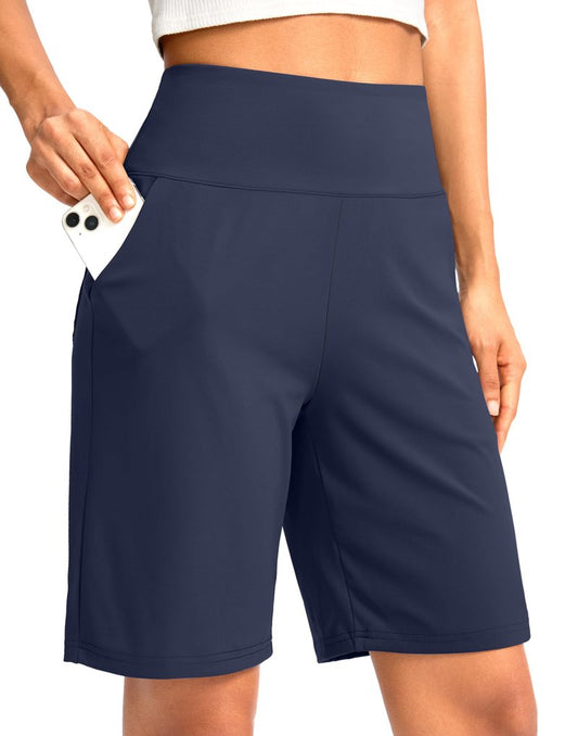 G Gradual Women's Bermuda Long Shorts with Pockets 9" High Waisted Knee Length Shorts for Women Walking Athletic Workout(Navy,M)