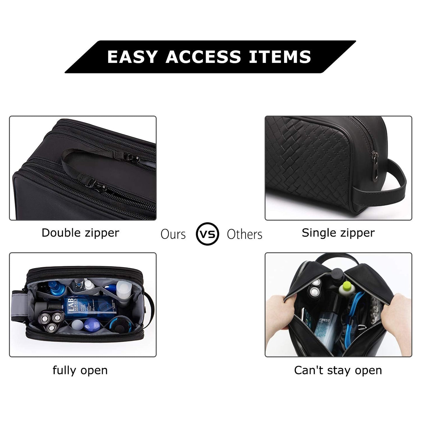 Toiletry Bag for Men, BAGSMART Travel Toiletry Organizer Dopp Kit Water-Resistant Shaving Bag for Toiletries Accessories, Black