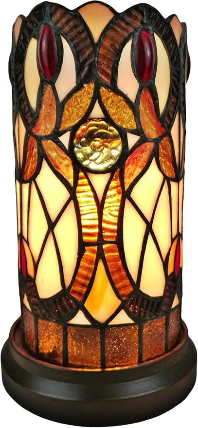 Tiffany Style Table Lamp Banker Brown Yellow Floral Stained Glass Bedside Vintage Antique Night Stand 10.5" Tall 5" Wide Handmade Gift AM337TL05 Amora Lighting