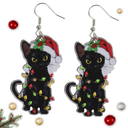 Funny Christmas Black Cat Earrings for Women - Xmas Charms Lightweight Acrylic Dangle Earrings Christmas Outfit Accessories