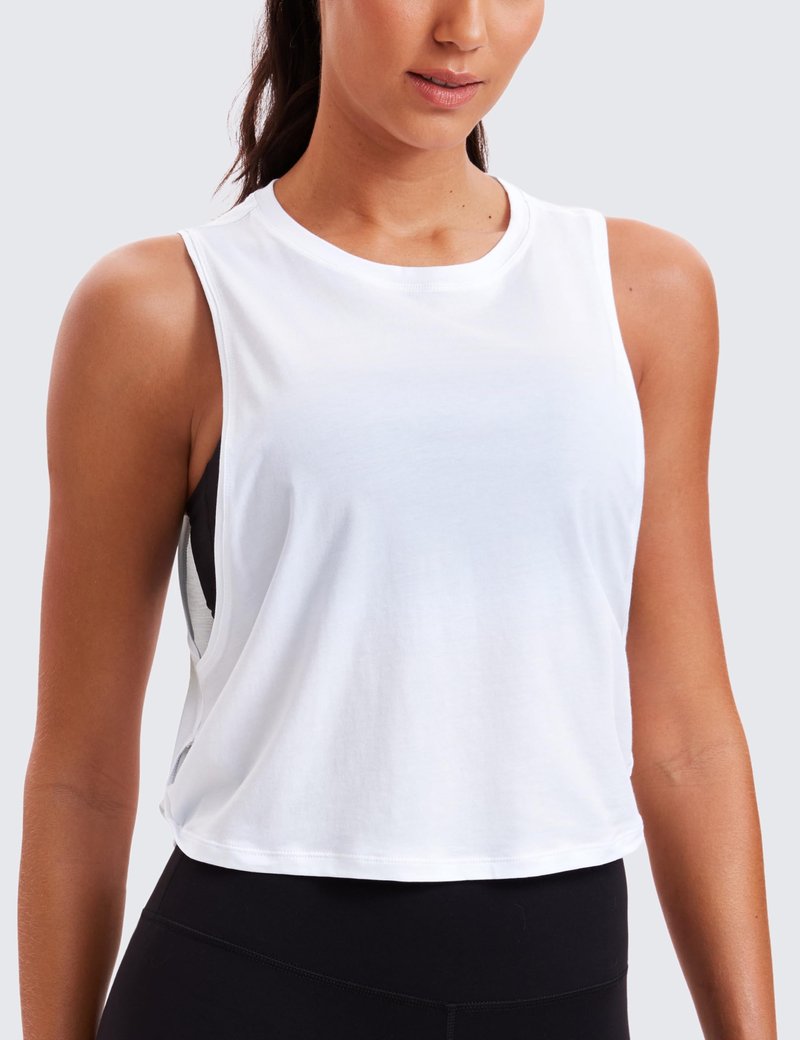 CRZ YOGA Pima Cotton Cropped Workout Tank Tops for Women - Sleeveless Sports Athletic Yoga Running Gym Crop Shirts Deep Armhole-White Medium