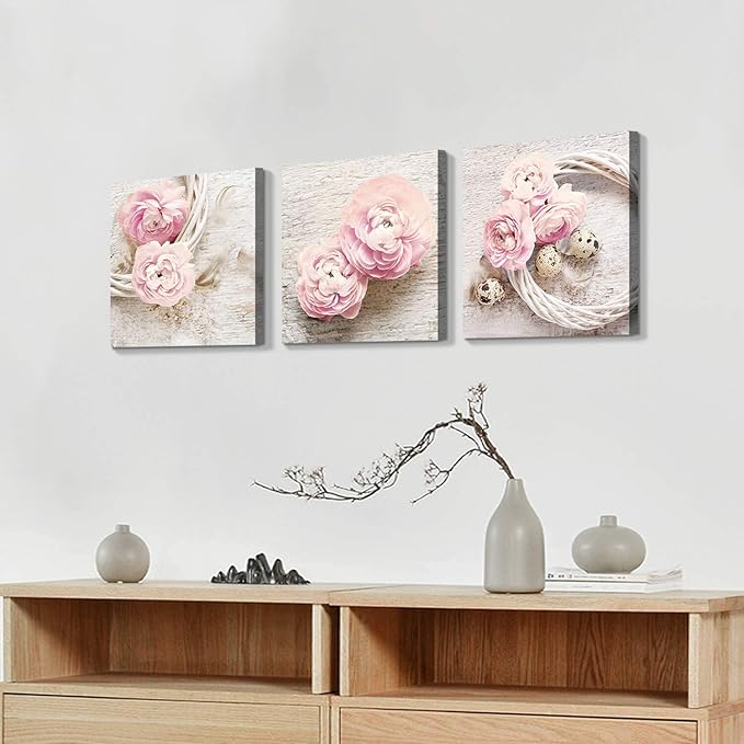 Floral Picture Canvas Wall Art: Innocence Pink Peony Flower Wreath Photographic Prints for Decor