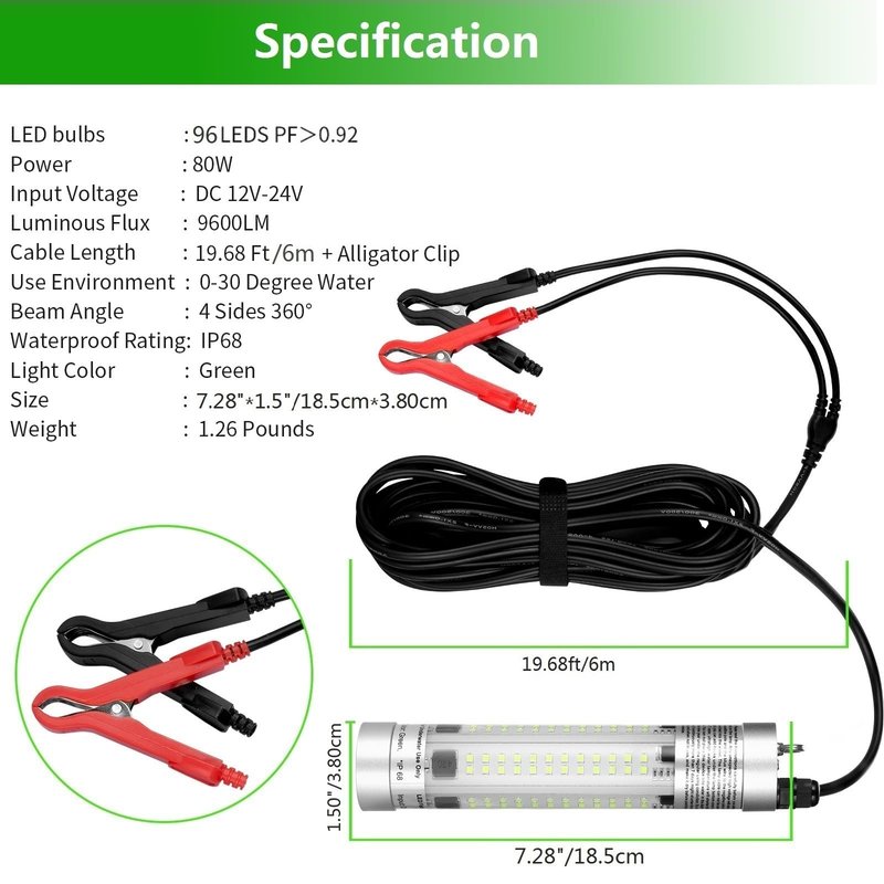 80W 9600lm Underwater Fishing Light, IP68 Waterproof Aluminum Super Bright Night Fish Attracting Submersible LED Lamp Lure Bait Finder for Freshwater Saltwater Sea Kayak Boat Ice Dock (Green)