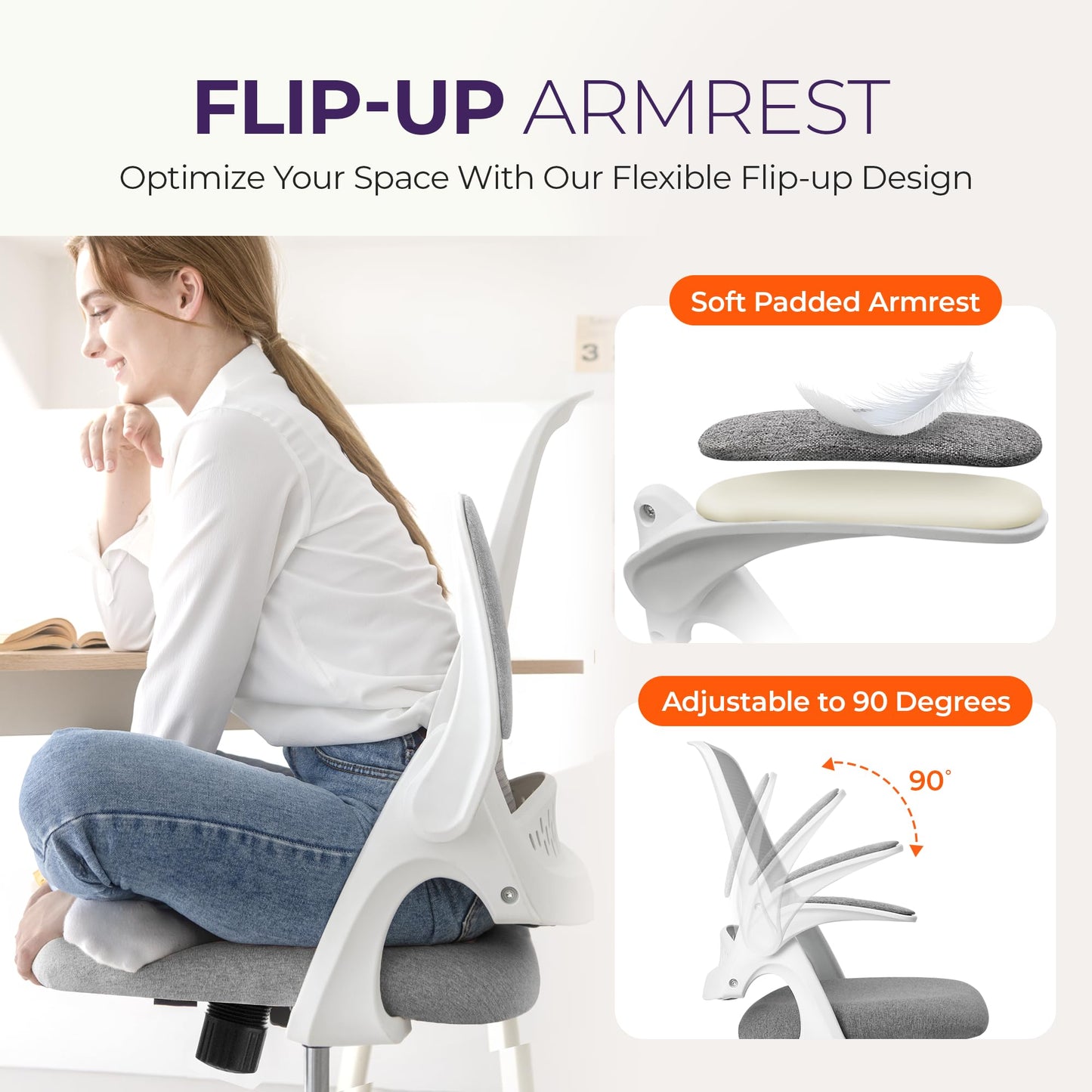 NEO CHAIR Office Desk Computer Gaming Ergonomic Chair with Lumbar Back Support Adjustable Height Swivel Wheels Flip-up Arms Mesh Chair for Home or Office (Grey)