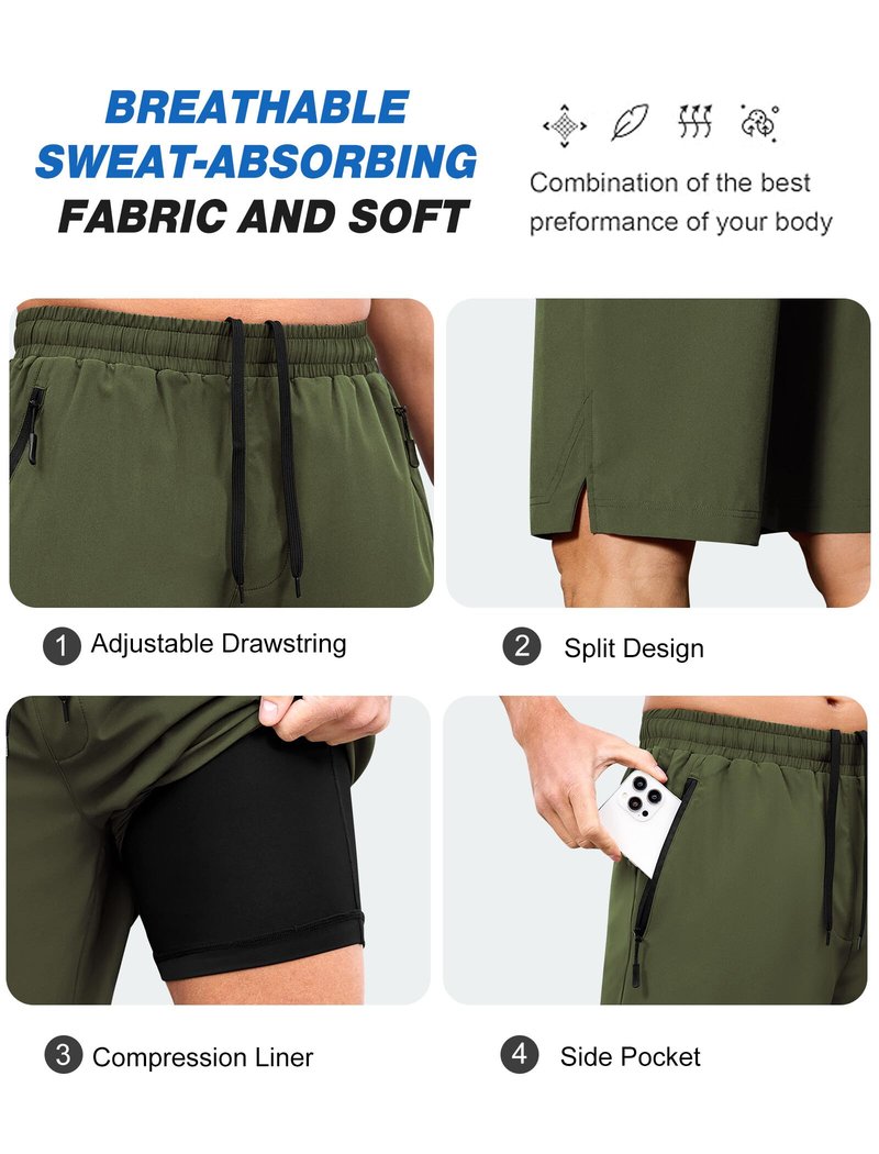 SILKWORLD Mens Athletic Shorts 9 Inch Lightweight Running Basketball Workout Shorts with Pockets, Army Greem, Medium