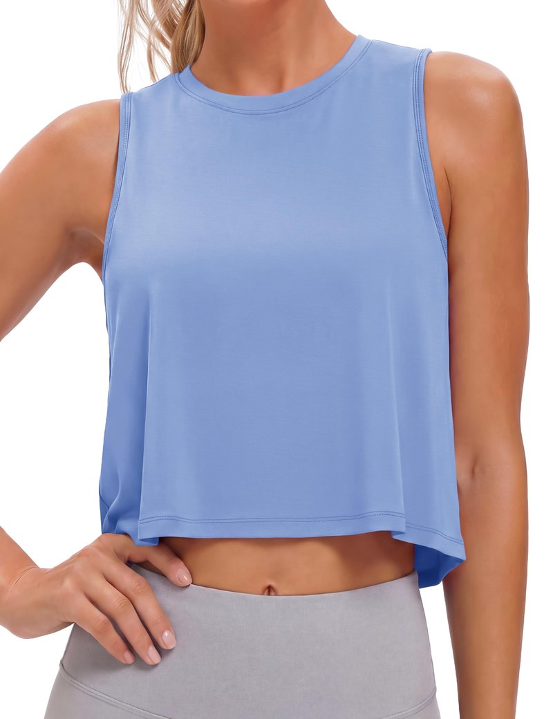 MAGCOMSEN Womens Athletic Tank Tops Cropped Lightblue Shirt Sleeveless Loose Muscle Shirt Dry Fit Yoga Exercise Work S