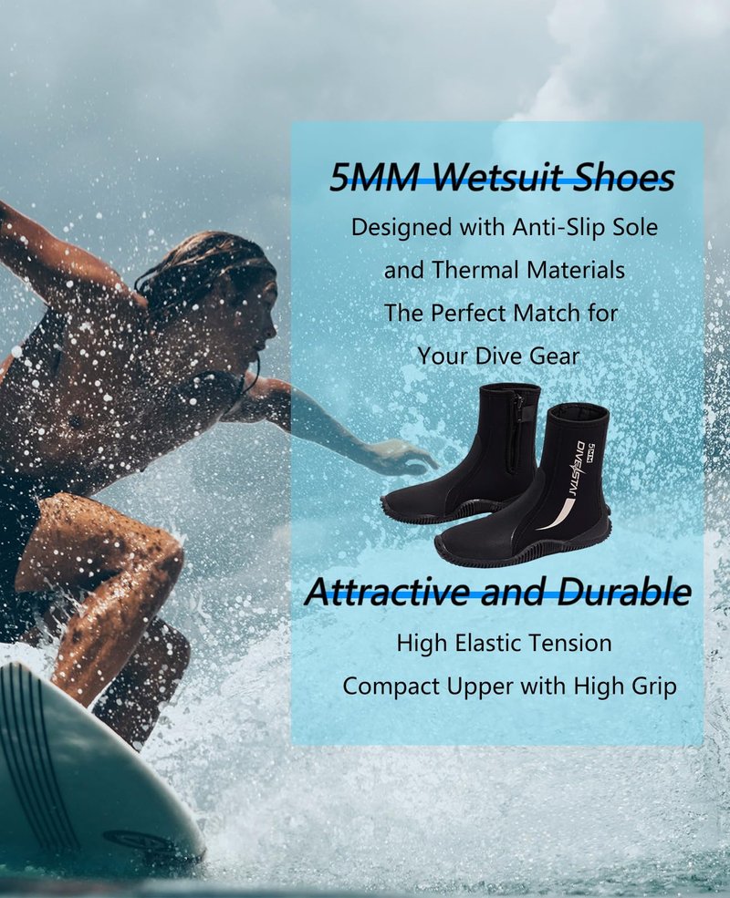 Skyone Neoprene Dive Boots, Men's & Women's 5MM Wetsuit Surf Booties, Tall Zippered Anti-Slip Rubber Sole Scuba Boots, Diving Booties for Sailing Snorkeling (Black, Mens 9 / Womens 10)