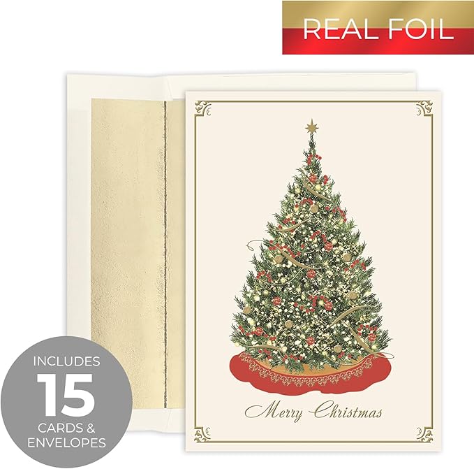 Masterpiece Elegant Tree Christmas Cards / 15 Boxed Winter Holiday Card Set With With Gold And Red Foil Accents And Gold Foil Lined Envelopes / 5 5/8" x 7 7/8" Folded Christmas Tree Greeting Cards