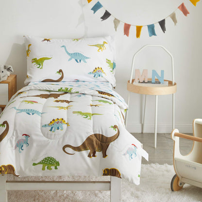 4 Pieces Toddler Bedding Set Dinosaur White with Colorful Dinos and Monsters Toddler Comforter Sheet Set for Autumu and Winter Includes Comforter, Flat Sheet, Fitted Sheet and Pillowcase
