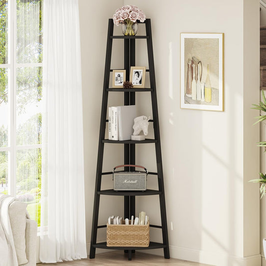 BON AUGURE 5-Tier Corner Shelf, Industrial Tall Corner Bookshelf for Living Room, Narrow Ladder Bookcase with Metal Frame, Rustic Wood Corner Plant Stand for Small Space, Home Office, Black Oak