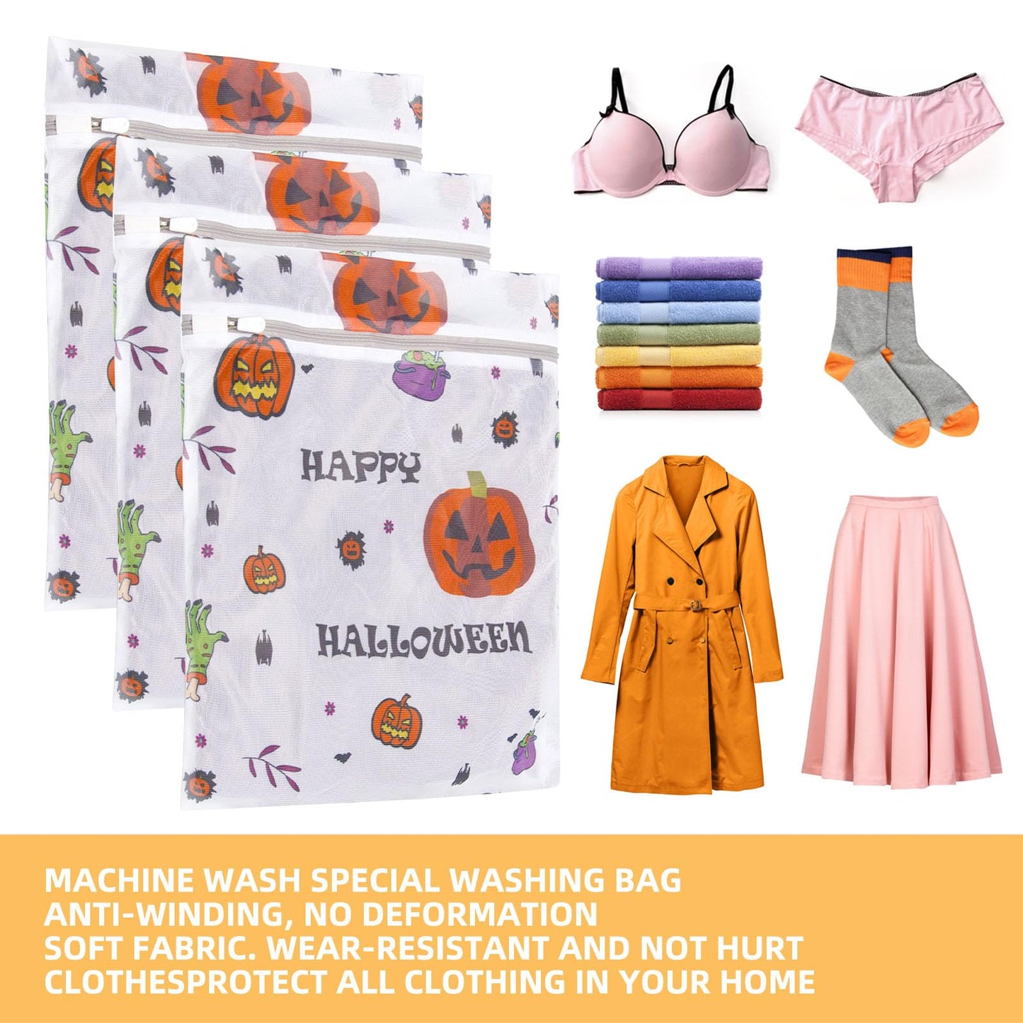 3Pcs Halloween Durable Mesh Laundry Bag, Durable Laundry Bags with Premium Zipper for Indoor Home Decor (Halloween 02)