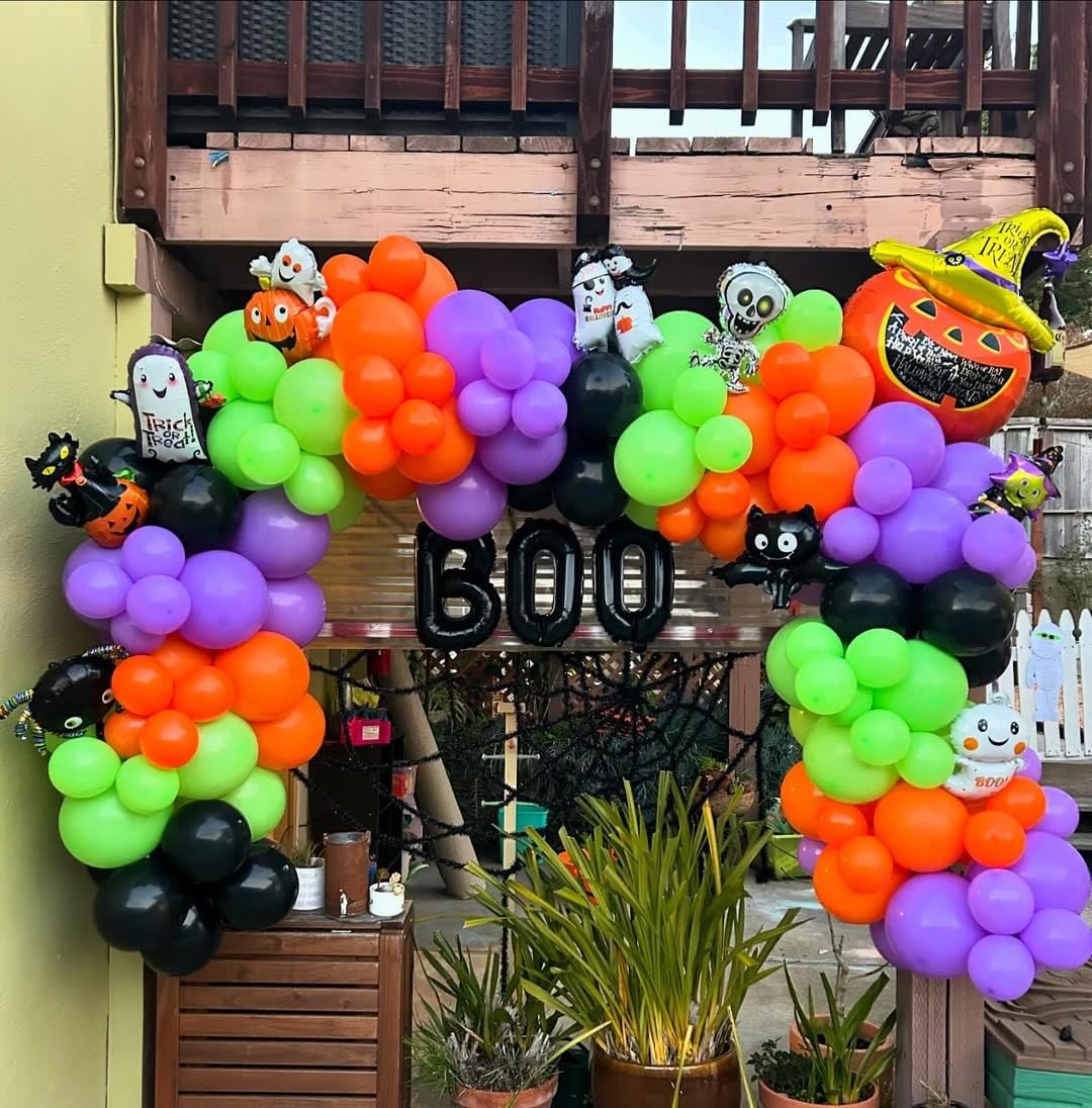 Lukiituke Halloween Balloon Garland Arch Kit, 134Pcs Black Orange Purple Lime Green Balloons, 4 Sizes Orange and Black Balloons for Halloween Theme Birthday Party Backdrops Decorations