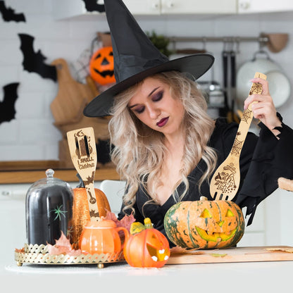 Eartim Hocus Pocus Wooden Cooking Utensil Set - 5Pcs Halloween Kitchen Cooking Gadget Natural Carve Bamboo Spoon Slotted Spatula Non-Stick Cookware Utensil Birthday Housewarming Gift Halloween Supply