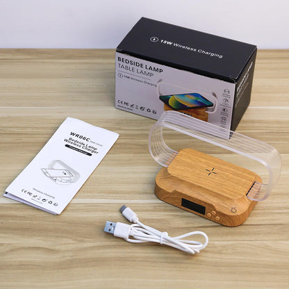 Hiwoor Bedside Table Lamp with 15w Wireless Charger, Touch Control LED Table Lamp with Clock and Phone Stands, Reading lamp 3 Modes and Stepless Dimming for Night lamp for Kids and Adults