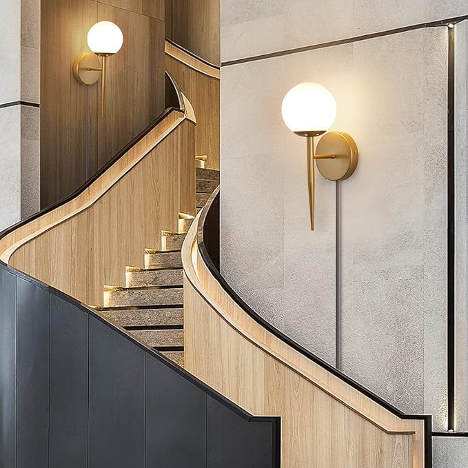 BOKT Mid Century Modern Globe Wall Sconce Set of Two Plug in Cord Brushed Gold Bathroom Wall Sconce Light Set of 2 Plug in Frosted White Glass Bedroom Plug in Wall Lamp (White)