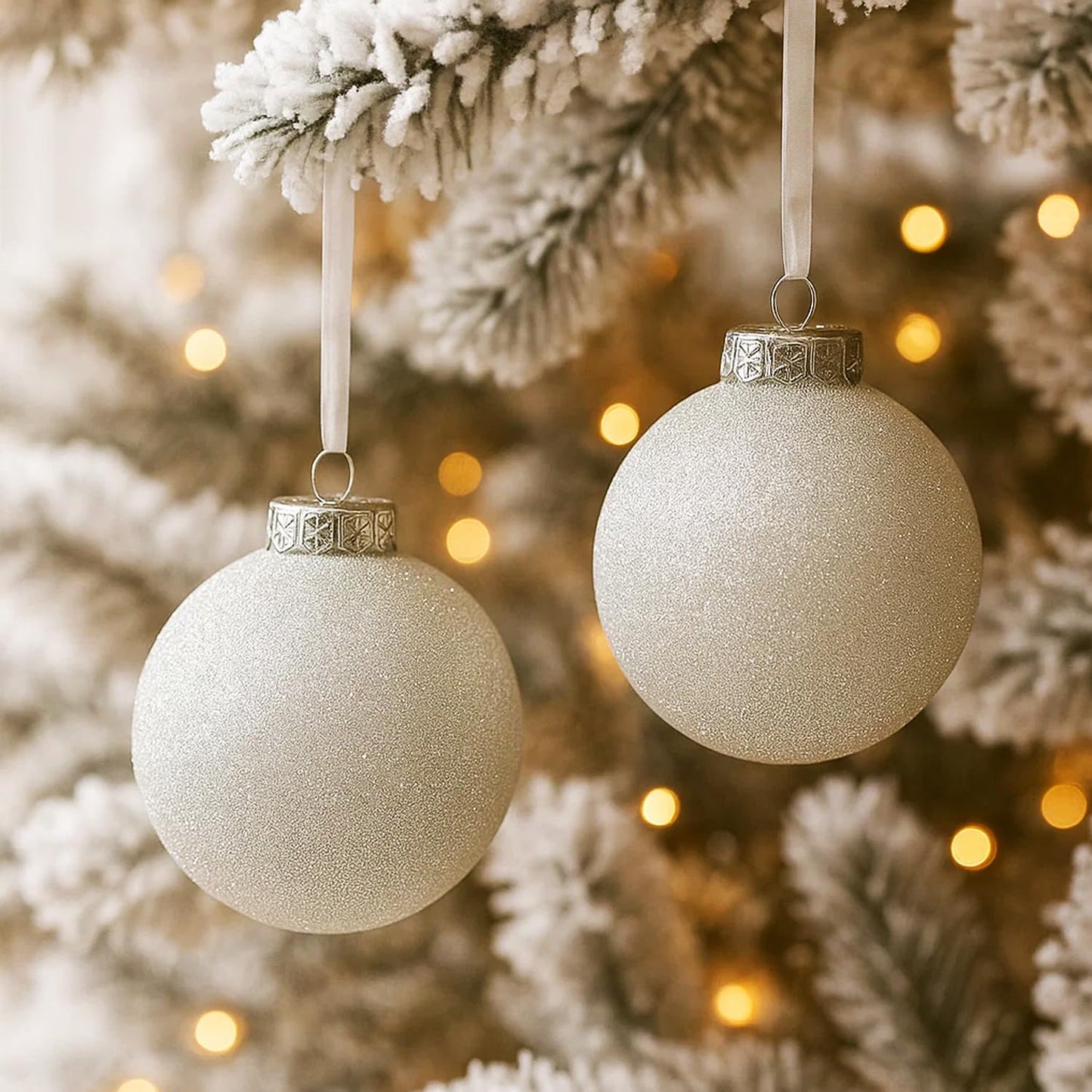 SLEETLY 28-Piece White Christmas Tree Ornaments – 12 Large 3.15” Shatterproof Glitter Snow Balls with 8 Icicles and 8 Snowflakes Set – Elegant Holiday Xmas Decorations for Farmhouse Winter Decor