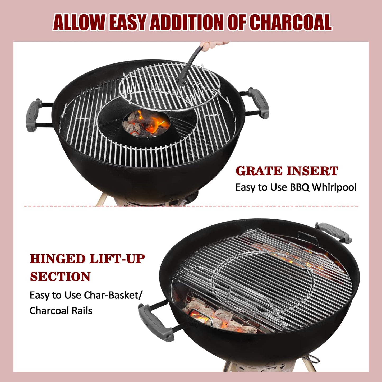 Stainless Steel Hinged Cooking Grate Replacement Gourmet BBQ System for Weber 22in Kettle Charcoal Grills with Cast Iron Grate Lifter,21.5 Grill Grate Works on Weber 8835,Recteq Bullseye,Barrel Grills