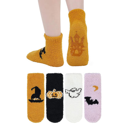 Zando Women's Fuzzy Halloween Socks, Non Slip Slipper Ghost Print, Cozy Fluffy Warm Fall Sleep Socks D Ghost print One Size