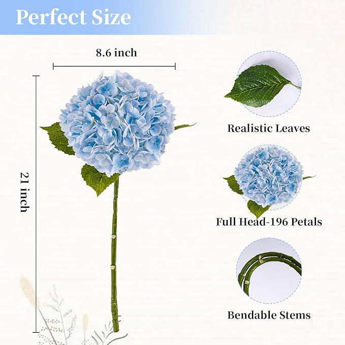 4 Pcs Blue Hydrangea Artificial Flowers 21" Real Touch Hydrangea Fake Flowers in Vase Latex Faux Hydrangea Flowers for Home Floral Arrangements Wedding Bouquets Kitchen Table Centerpiece Decoration