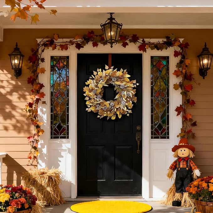 Fall Wreath for Front Door, 24 Inch Autumn Wreath with Pine Cones, Grain Ears, Oak Leaves and Maple Leaves Fall Decorations for Home, Artificial Flowers Harvest and Thanksgiving Indoor & Outdoor