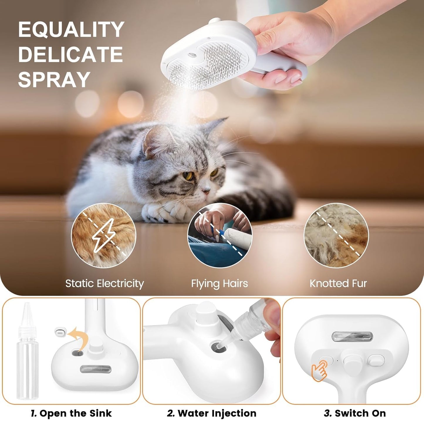Cat Steam Brush, Pet Spray Hair Removal Comb with Release Button for Shedding & Grooming, Water Brush for Indoor Cats Dogs