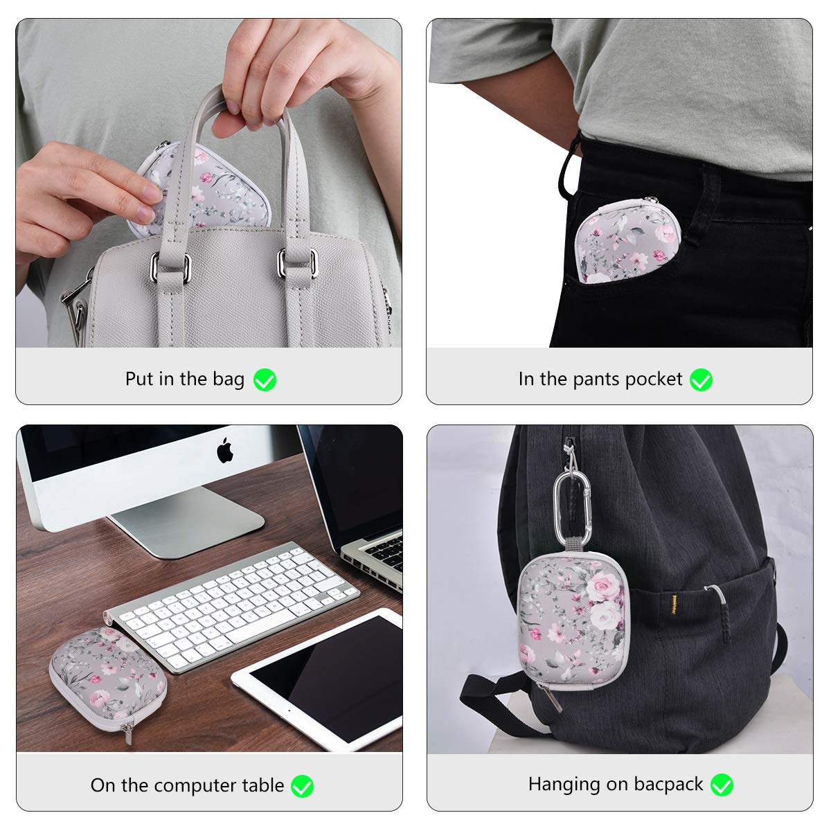 Earbud Case, AIRSPO Airpods 4 Case Airpods Pro 2nd Generation Earphone Organizer Carrying Case Small Storage Bag Hard EVA Shockproof Cover with Carabiner Clip (Grey Pink Rose)