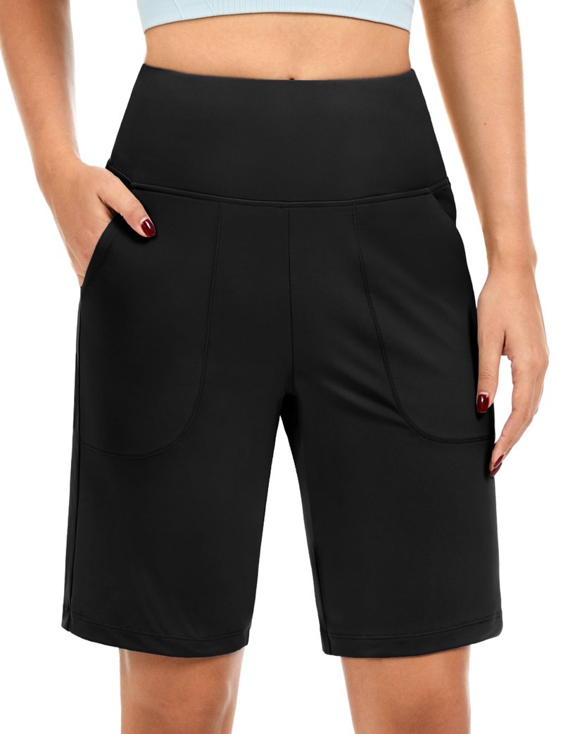 Blouty Women's Bermuda Long Shorts with Pockets 9" High Waisted Stretch Knee Length Shorts for Women Walking Athletic (Black, X-Large)