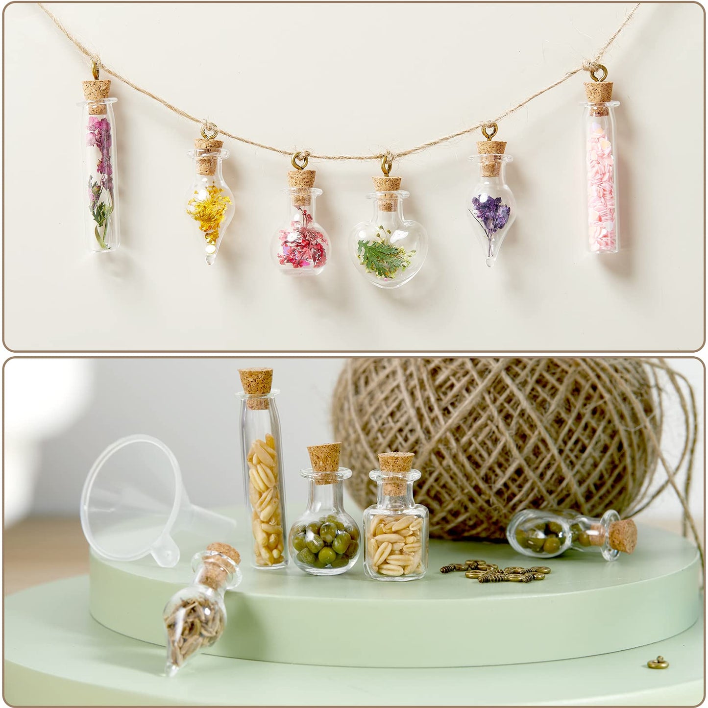 Geiserailie 50 Pieces Small Tiny Glass Spell Jars Bottle with Cork Stopper Witchy Gifts Witchcraft Supplies Wishing Bottles with Eye Screws Funnel Rope for DIY Crafts(Transparent,Style A)