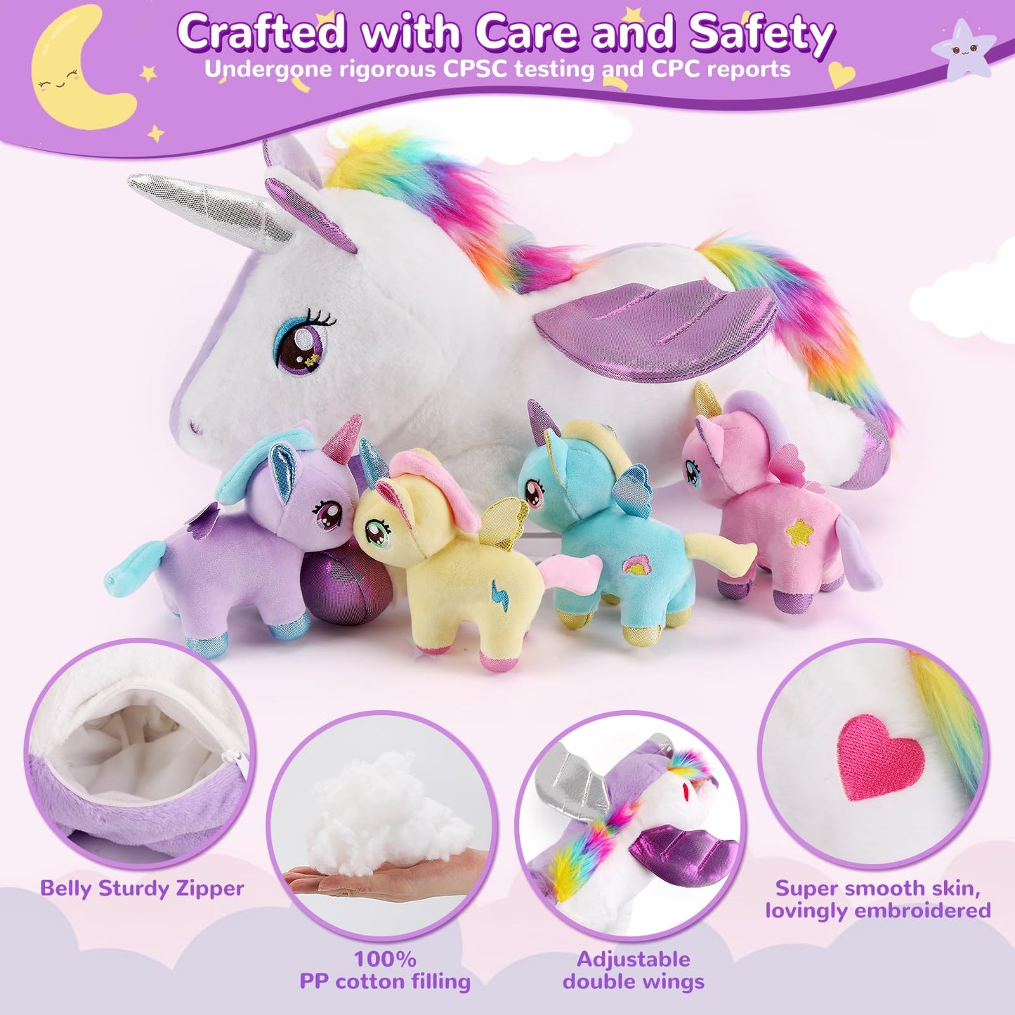 gnomantic 5 Pieces Unicorn Stuffed Animals - 1 Mommy Stuffed Unicorn with 4 Babies - Unicorns Gifts for Girls Ages 3 4 5 6 7 8, Unicorns Plush Toys for Christmas, Valentine's, Birthday Gifts (Purple)