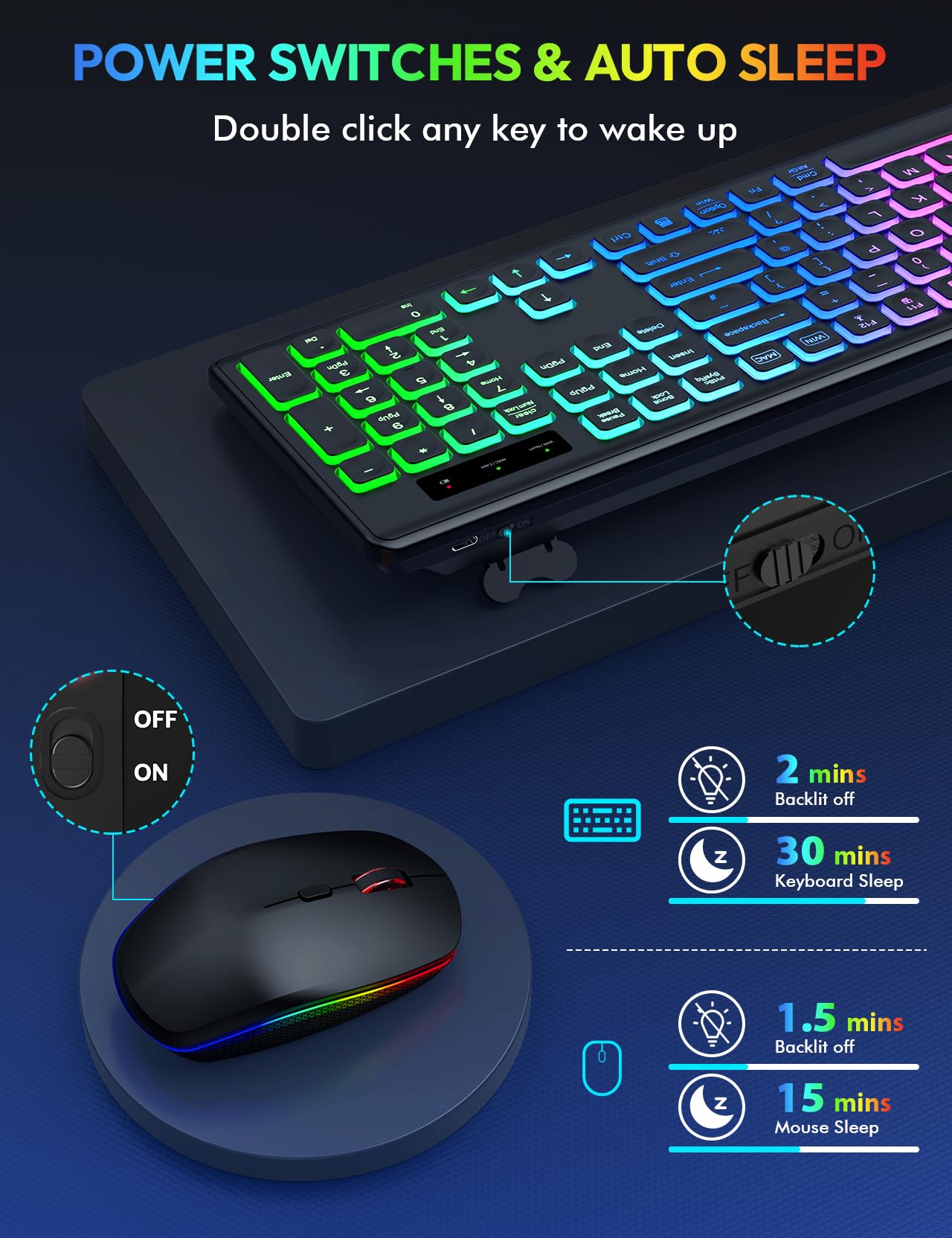 Wireless Keyboard and Mouse Backlight, USB-C Rechargeable & Light Up Keys, Full-size & Tilt Legs, Sleep Mode, 2.4GHz Silent Cordless Keyboard Mouse Combo for Mac OS/Windows/PC/Laptop- Black/QWERTY