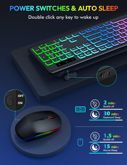 Wireless Keyboard and Mouse Backlight, USB-C Rechargeable & Light Up Keys, Full-size & Tilt Legs, Sleep Mode, 2.4GHz Silent Cordless Keyboard Mouse Combo for Mac OS/Windows/PC/Laptop- Black/QWERTY