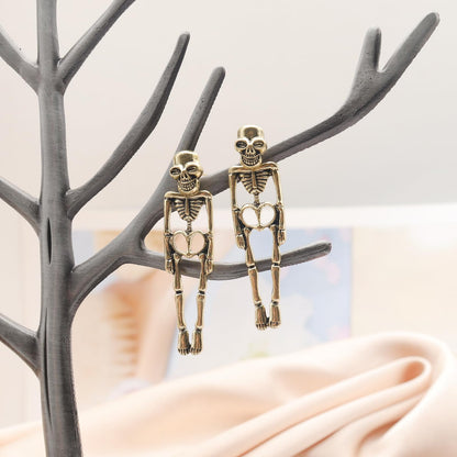 Gothic Skeleton Unique Earrings Punk Human Skull Funny Earrings Ghost Groom Bride Halloween Earrings Front Back Stud Earrings for Women (Gold)