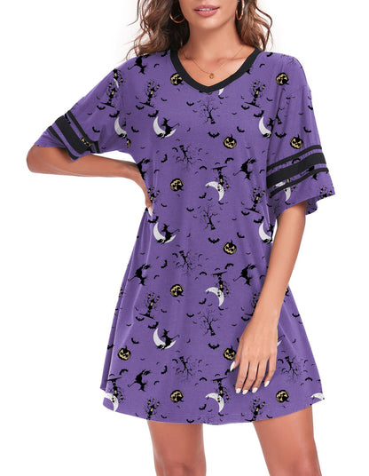 REGAI Women's Nightgown Short Sleeve V Neck Nightshirt Casual Sleepwear, Halloween Purple, XXL