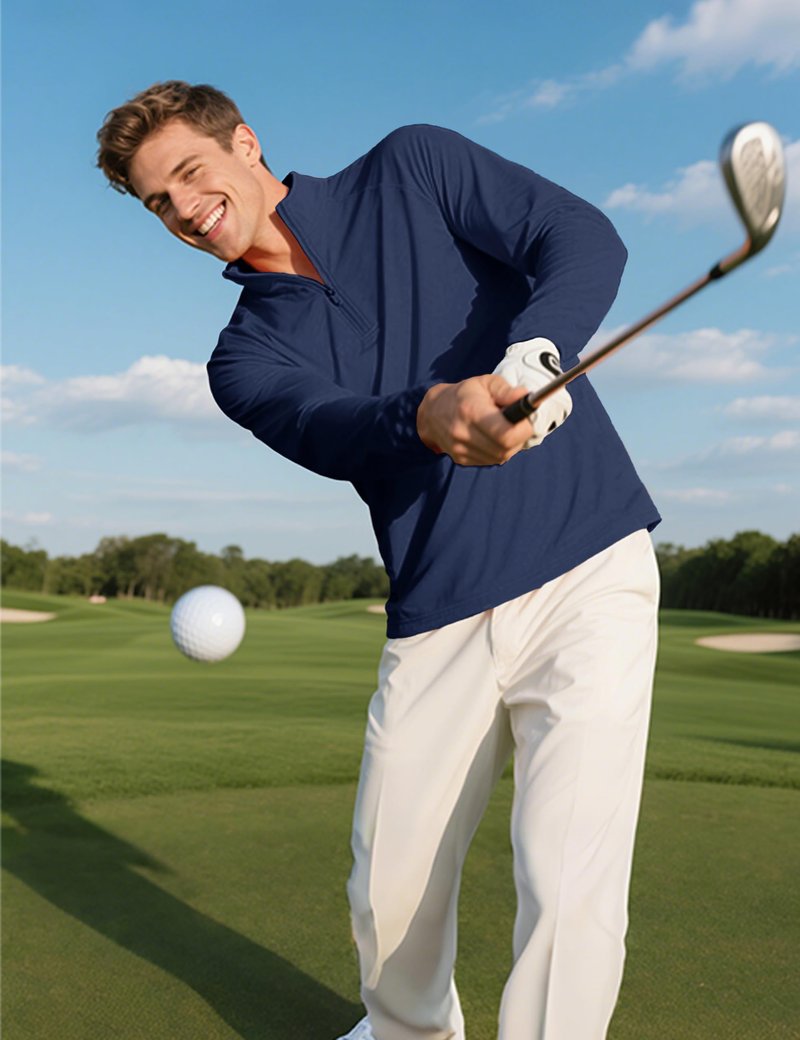 KINSWT Mens Long Sleeve Sun Protection Shirts Quarter Zip Pullover Lightweight 1/4 Zip Moisture Wicking UV Shirts Navy Blue 2XL