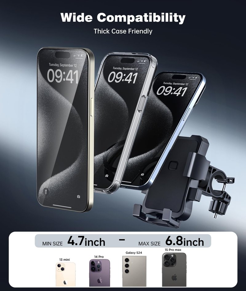 amzluv Bike Phone Holder Mount, Secure Handlebar Phone Mount Holder for Bike and Motorcycle, Suitable for iPhone and 4.5-6.8" Smartphones, Black