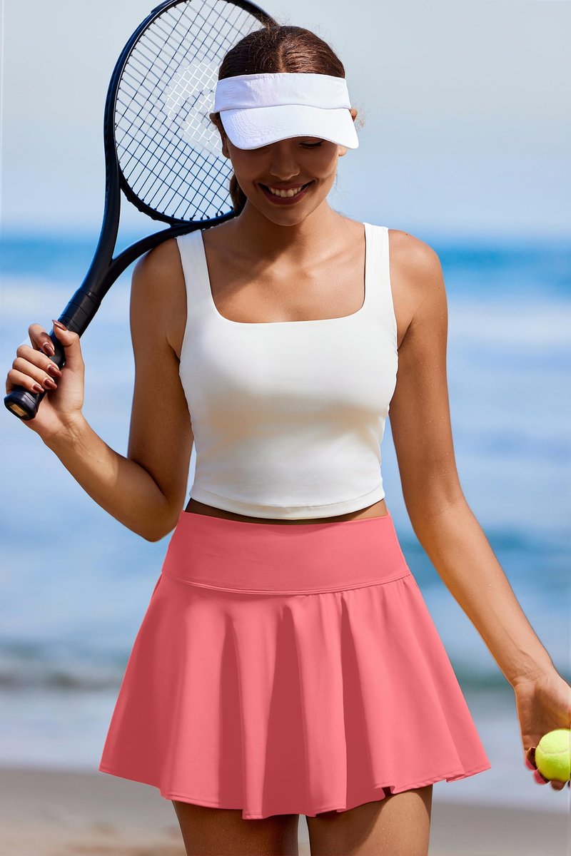 PINSPARK Golf Skirts for Women Tummy Control Tennis Skort with Shorts Underneath Pleated Athletic Skirt, Gloss Pink XS