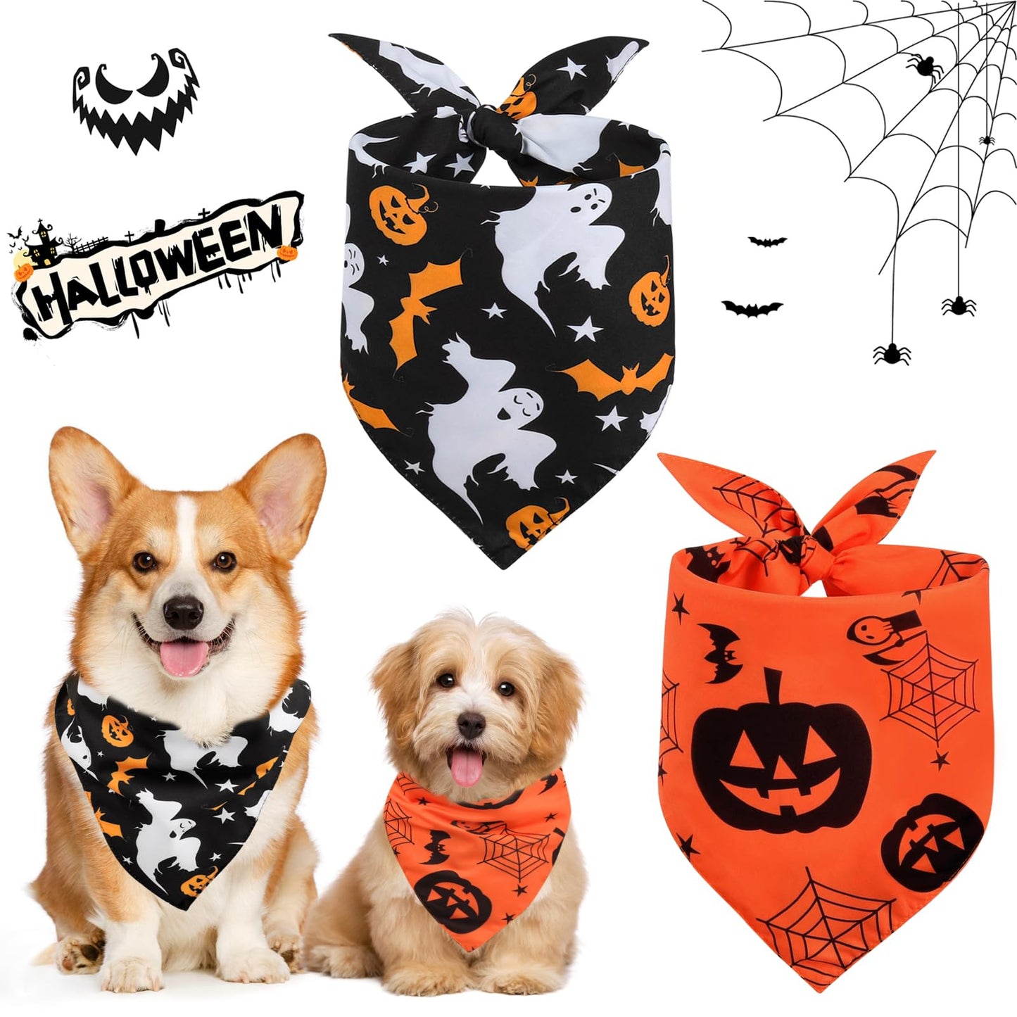 Vivifying 2 Pack Halloween Dog Bandanas, Spooky and Pumpkins Halloween Accessories for Pets, Dog Scarf Costume for Trick-or-Treating, Photo Prop, and Party Decor (Large, Orange & Black)