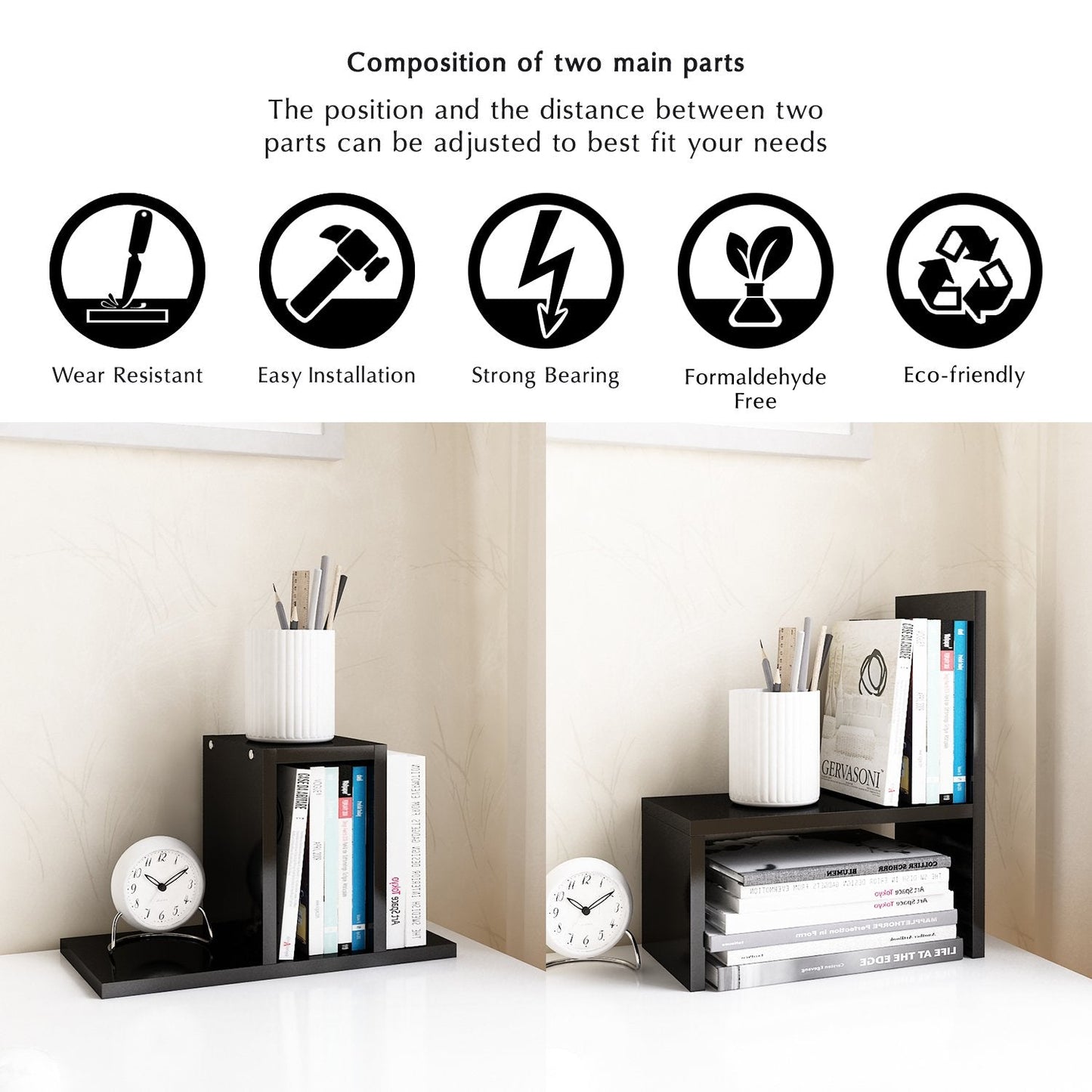 Jerry & Maggie Desktop Organizer Office Storage Rack Adjustable Wood Display Shelf, Birthday Gifts Toy Home Decor Free Style Rotation Display True Natural Stand Shelf (Black)