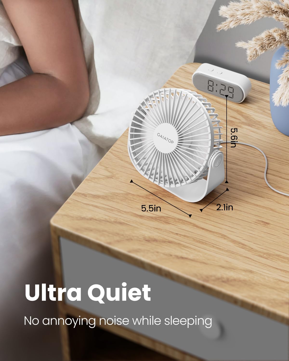 Gaiatop USB Desk Fan, 3 Speeds Strong Airflow, 5.5 Inch Portable 90° Rotate Quiet Cooling, Small Personal Table Fans for Bedroom Home Office Travel White