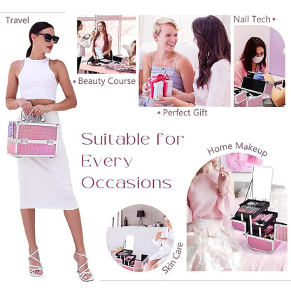 Joligrace Makeup Box Vanity Case Cosmetic Organiser Box Beauty Storage Train Case with Mirror, Lockable with Keys, Holographic Pink