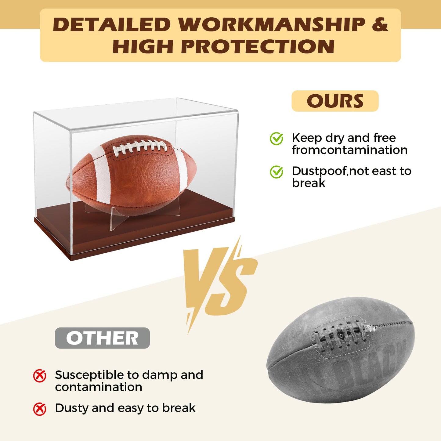 WYFHLPMMA Full Size Football Display Case, Acrylic Football Case Display Case Autographed Football Holder, Acrylic Transparent Box with Wooden Support and Solid Wood Base