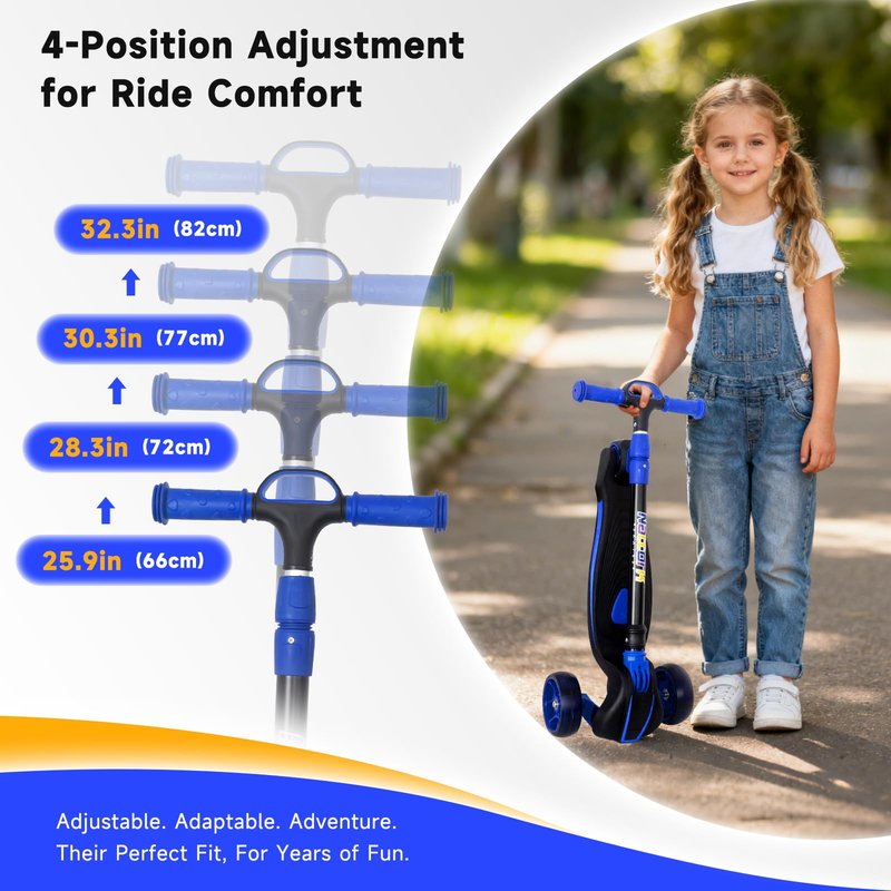 Nattork Kids Scooter for Age 3-8, Toddler Scooter with 4 Adjustable Height for Boys & Girls, Light Up 3-Wheels Foldable Kick Scooter, Lean to Steer, 120LB Weight Capacity