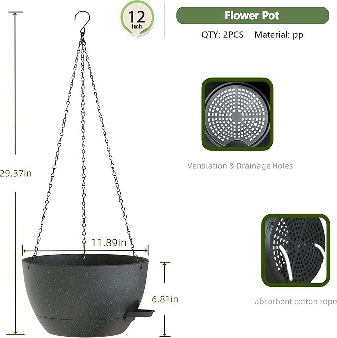 12 Inch Hanging Baskets 2 PC with Chains, Self-Watering Hanging Planters for Indoor Outdoor Plants, Plastic Hanging Flower Pots, Black with Green Speckles