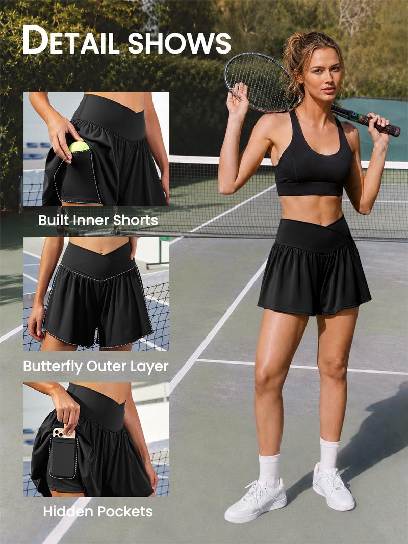 DLOODA Women's Athletic Running Shorts with Pockets Crossover Butterfly Flowy Shorts Cute Summer Skorts Black M